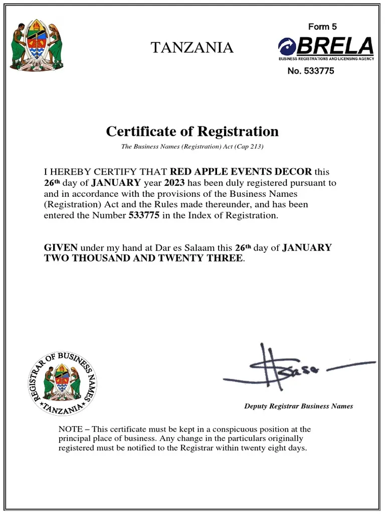 BRELA Certificate of Incorporation